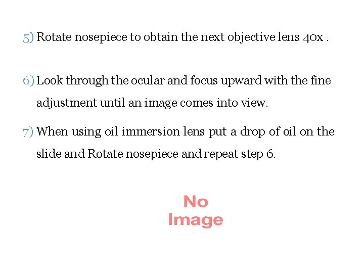 5) Rotate nosepiece to obtain the next objective lens 40 x. 6) Look through