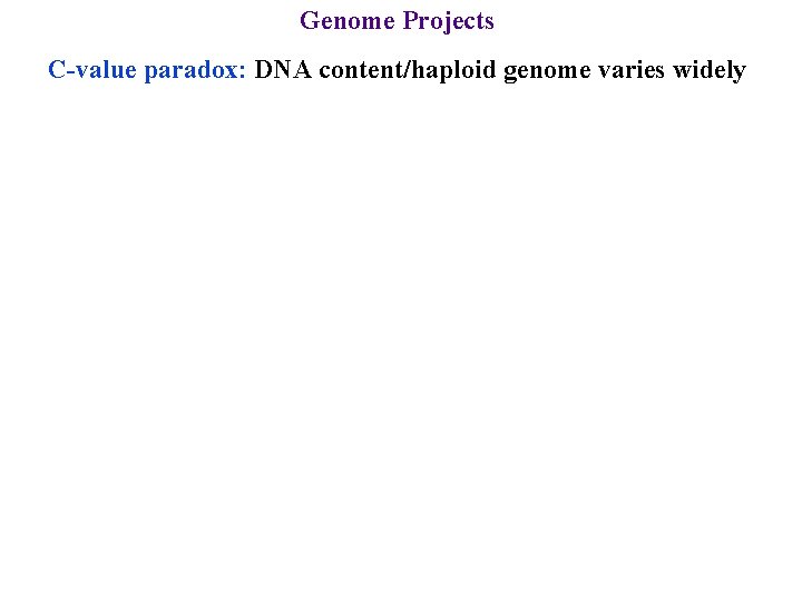 Genome Projects C-value paradox: DNA content/haploid genome varies widely 