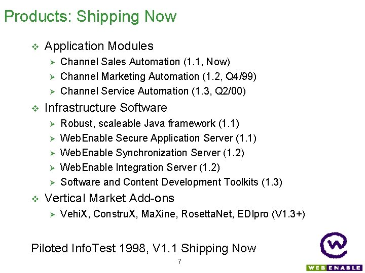 Products: Shipping Now Application Modules Infrastructure Software Channel Sales Automation (1. 1, Now) Channel