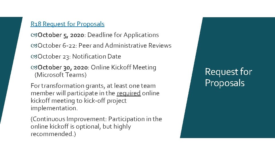 R 18 Request for Proposals October 5, 2020: Deadline for Applications October 6 -22: