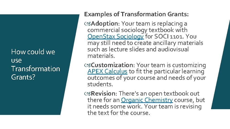 How could we use Transformation Grants? Examples of Transformation Grants: Adoption: Your team is