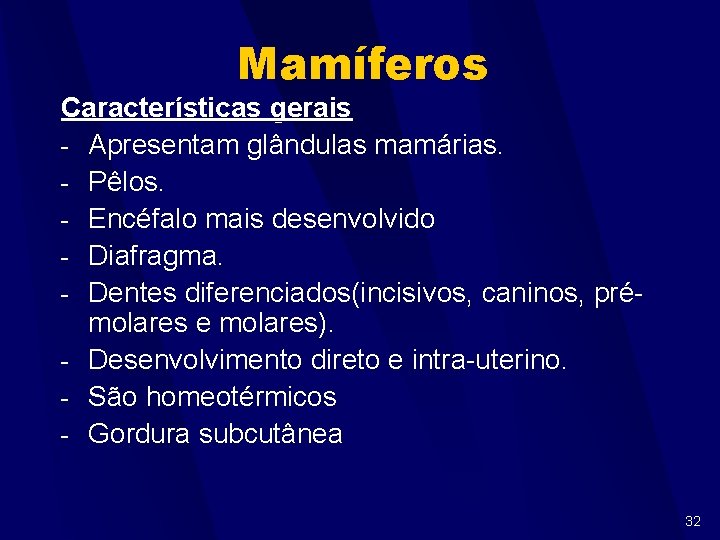 Mamíferos Características gerais - Apresentam glândulas mamárias. - Pêlos. - Encéfalo mais desenvolvido -