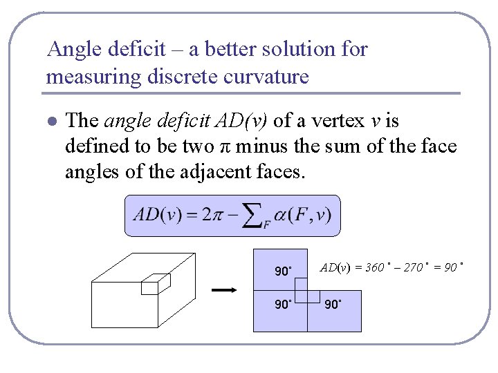 Angle deficit – a better solution for measuring discrete curvature l The angle deficit