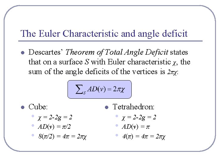 The Euler Characteristic and angle deficit l Descartes’ Theorem of Total Angle Deficit states