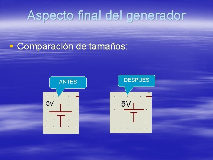 Aspecto final del generador § Comparación de tamaños: ANTES DESPUÉS Aspecto final del generador § Comparación de tamaños: ANTES DESPUÉS