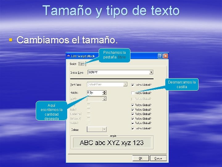Tamaño y tipo de texto § Cambiamos el tamaño. Pinchamos la pestaña Style Desmarcamos Tamaño y tipo de texto § Cambiamos el tamaño. Pinchamos la pestaña Style Desmarcamos