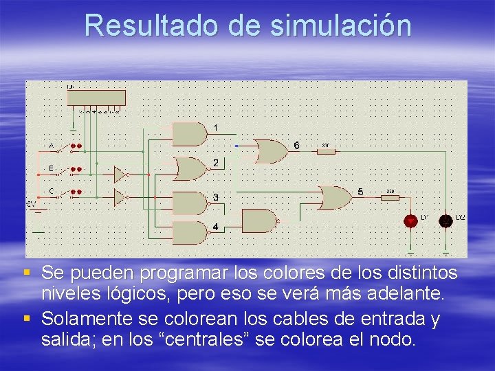 Resultado de simulación § Se pueden programar los colores de los distintos niveles lógicos, Resultado de simulación § Se pueden programar los colores de los distintos niveles lógicos,