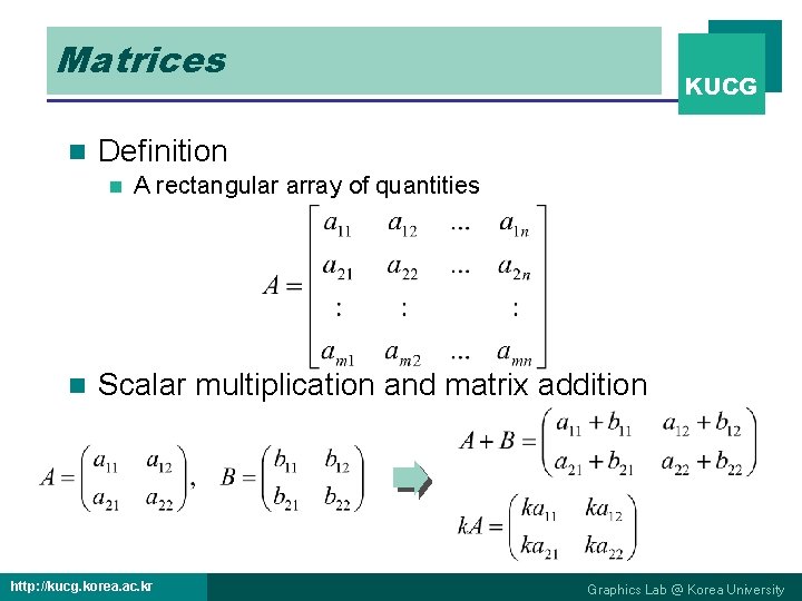 Matrices n Definition n n KUCG A rectangular array of quantities Scalar multiplication and