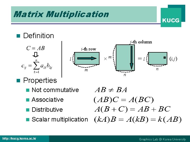 Matrix Multiplication n KUCG Definition j-th column i-th row ×m l m n Properties