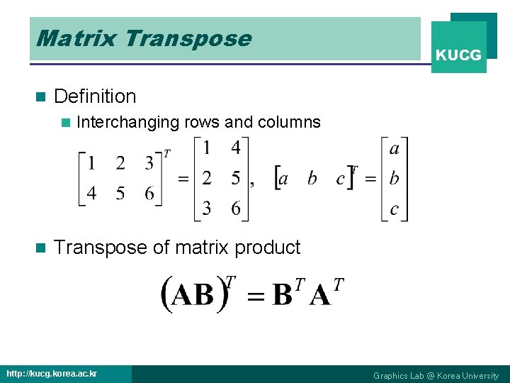 Matrix Transpose n Definition n n KUCG Interchanging rows and columns Transpose of matrix