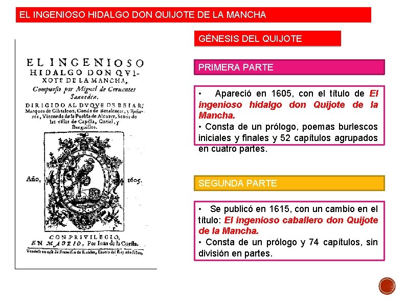 EL INGENIOSO HIDALGO DON QUIJOTE DE LA MANCHA GÉNESIS DEL QUIJOTE PRIMERA PARTE •