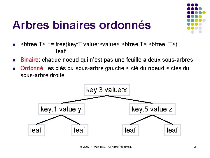 Arbres binaires ordonnés l l l <btree T> : : = tree(key: T value: