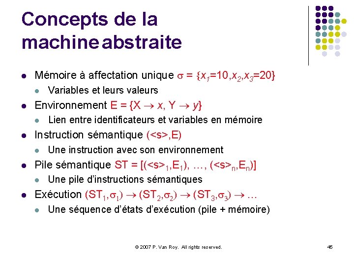 Concepts de la machine abstraite l Mémoire à affectation unique s = {x 1=10,