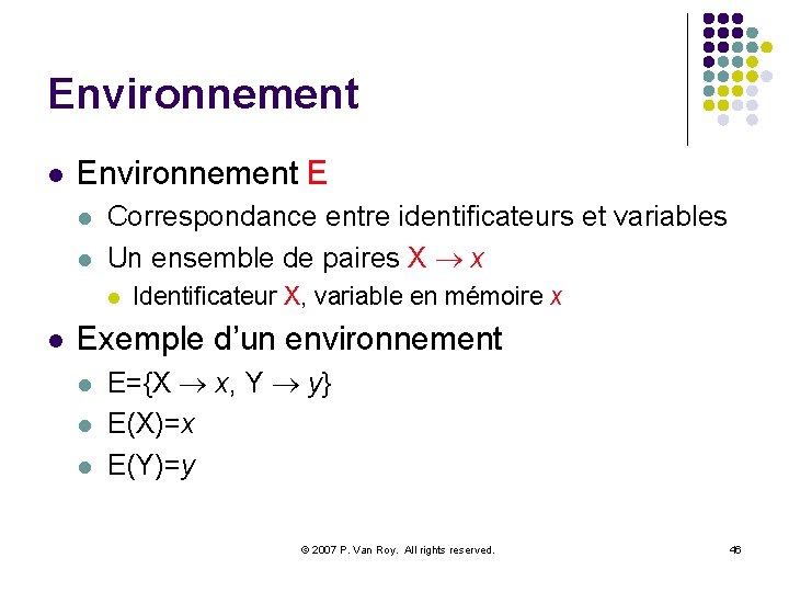 Environnement l Environnement E l l Correspondance entre identificateurs et variables Un ensemble de