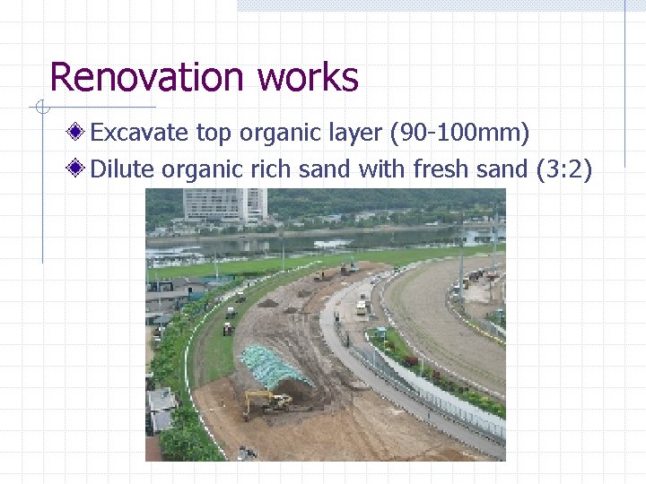 Renovation works Excavate top organic layer (90 -100 mm) Dilute organic rich sand with