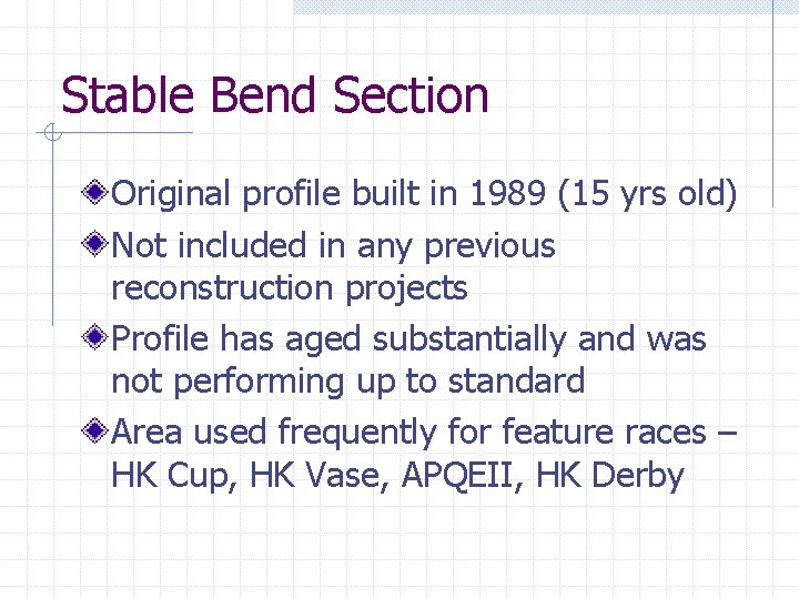 Stable Bend Section Original profile built in 1989 (15 yrs old) Not included in