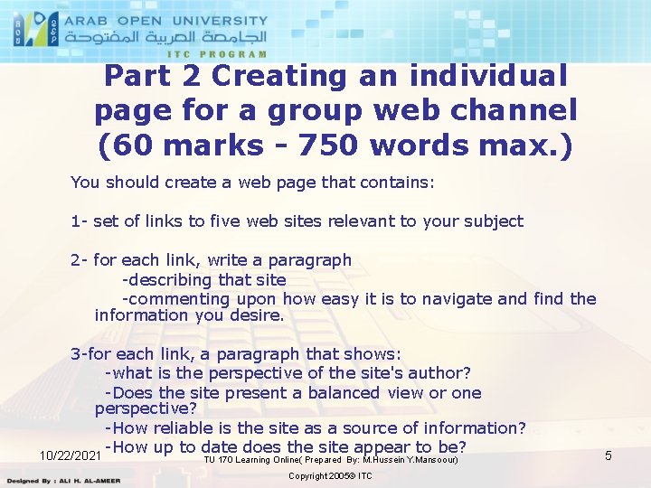 Part 2 Creating an individual page for a group web channel (60 marks -