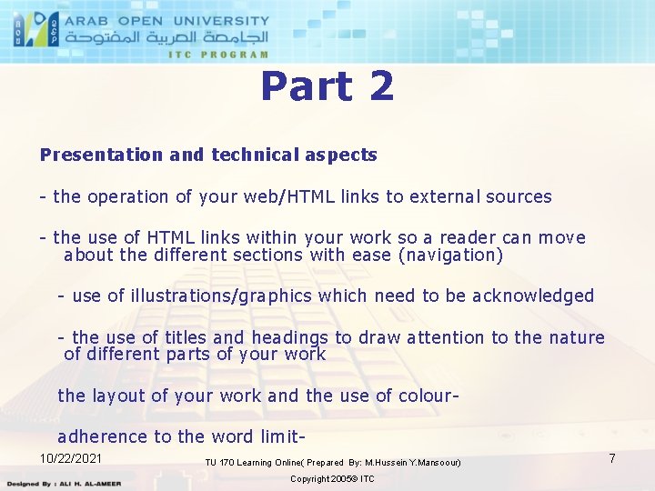 Part 2 Presentation and technical aspects - the operation of your web/HTML links to
