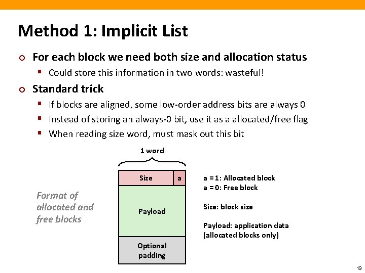 Method 1: Implicit List ¢ For each block we need both size and allocation