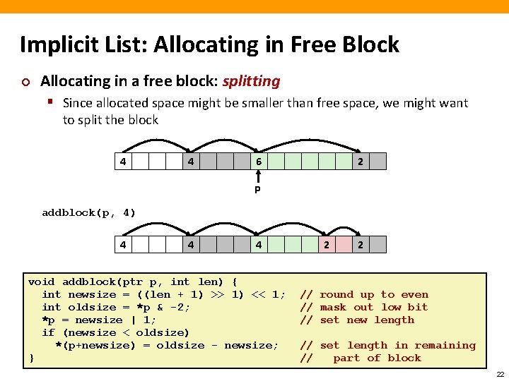 Implicit List: Allocating in Free Block ¢ Allocating in a free block: splitting §