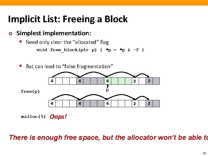 Implicit List: Freeing a Block ¢ Simplest implementation: § Need only clear the “allocated”