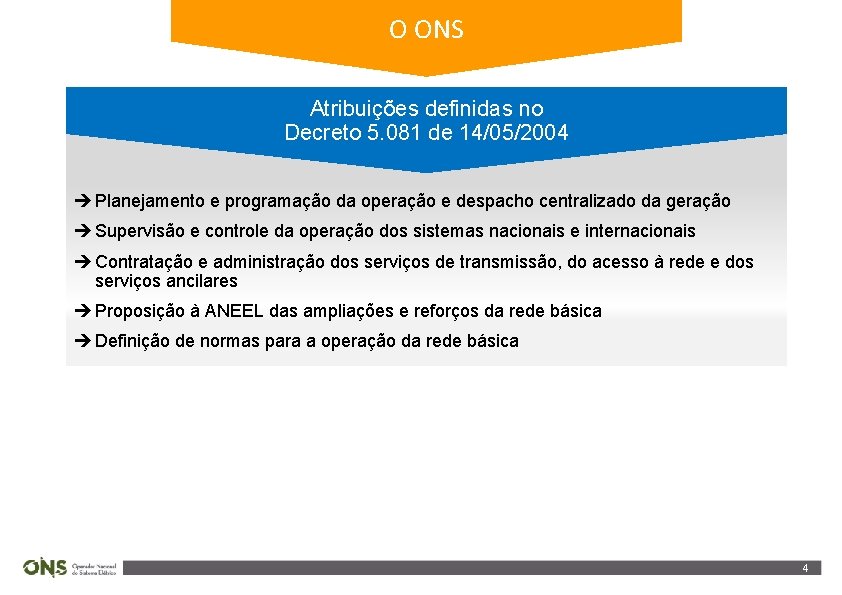 O ONS Atribuições definidas no Decreto 5. 081 de 14/05/2004 è Planejamento e programação