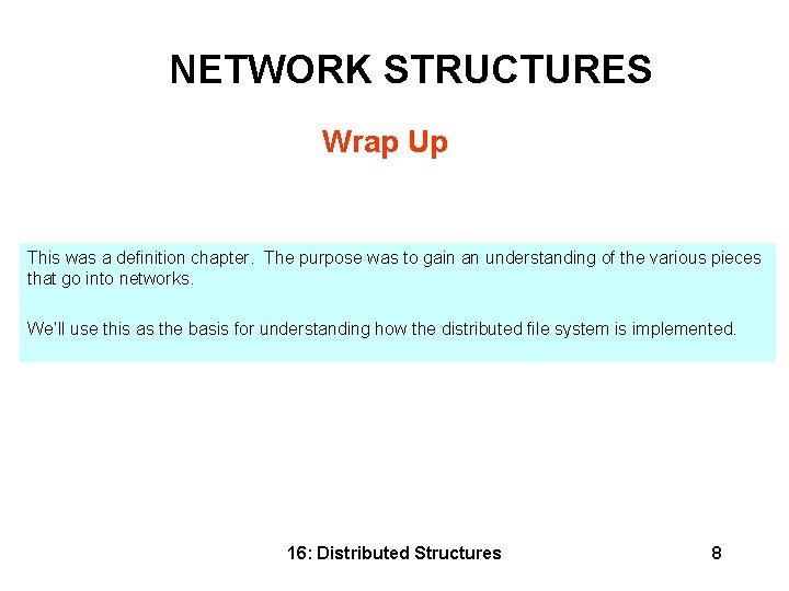 NETWORK STRUCTURES Wrap Up This was a definition chapter. The purpose was to gain