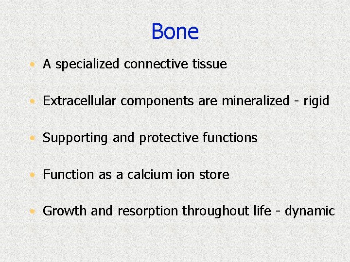 Bone • A specialized connective tissue • Extracellular components are mineralized - rigid •