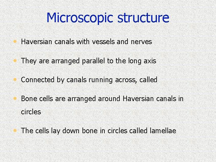 Microscopic structure • Haversian canals with vessels and nerves • They are arranged parallel