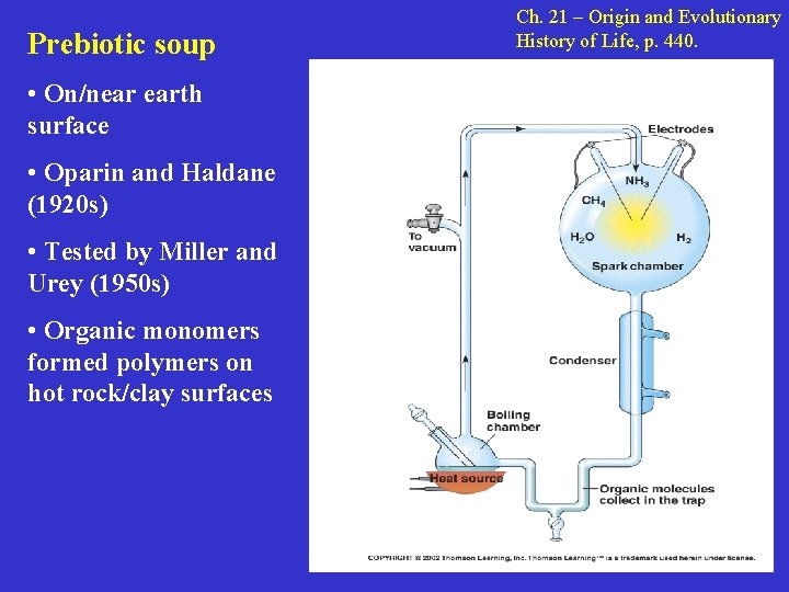 Prebiotic soup • On/near earth surface • Oparin and Haldane (1920 s) • Tested