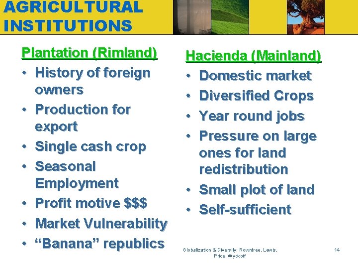AGRICULTURAL INSTITUTIONS Plantation (Rimland) • History of foreign owners • Production for export •