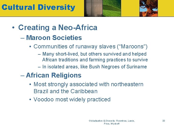 Cultural Diversity • Creating a Neo-Africa – Maroon Societies • Communities of runaway slaves