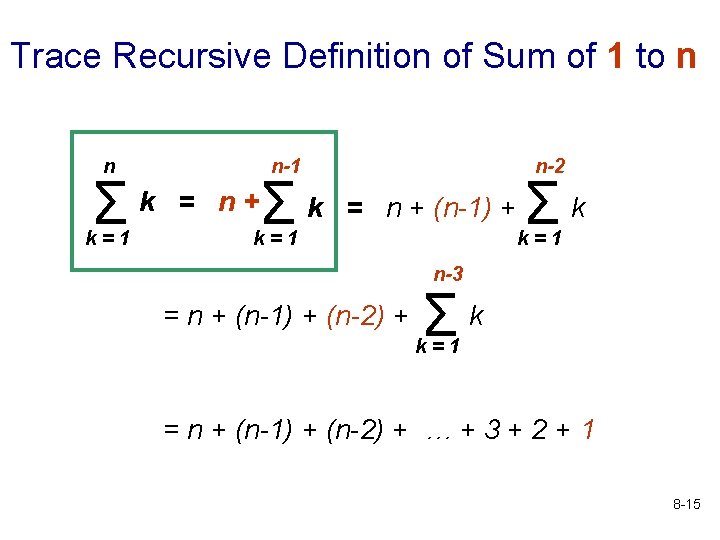 Trace Recursive Definition of Sum of 1 to n n Σk k=1 n-1 =