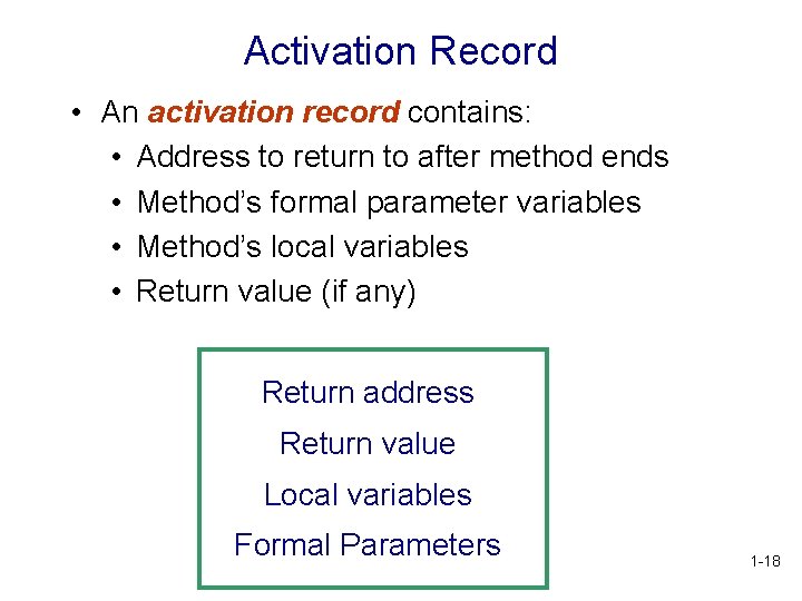 Activation Record • An activation record contains: • Address to return to after method