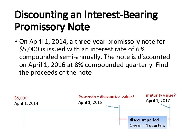 Discounting an Interest-Bearing Promissory Note • On April 1, 2014, a three-year promissory note