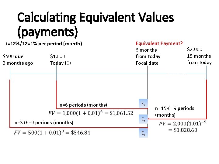 Calculating Equivalent Values (payments) i=12%/12=1% period (month) $500 due 3 months ago $1, 000