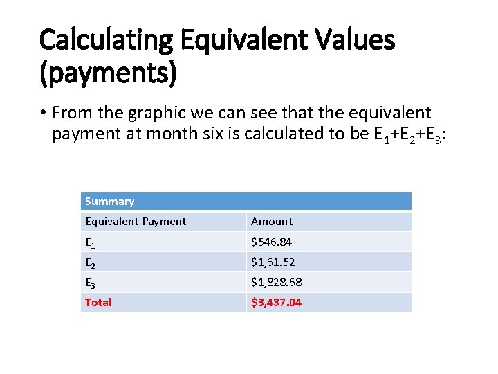 Calculating Equivalent Values (payments) • From the graphic we can see that the equivalent