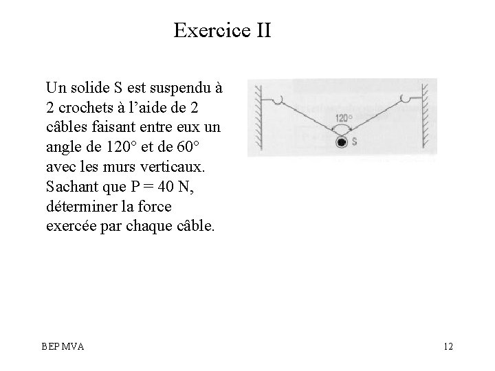 Exercice II Un solide S est suspendu à 2 crochets à l’aide de 2