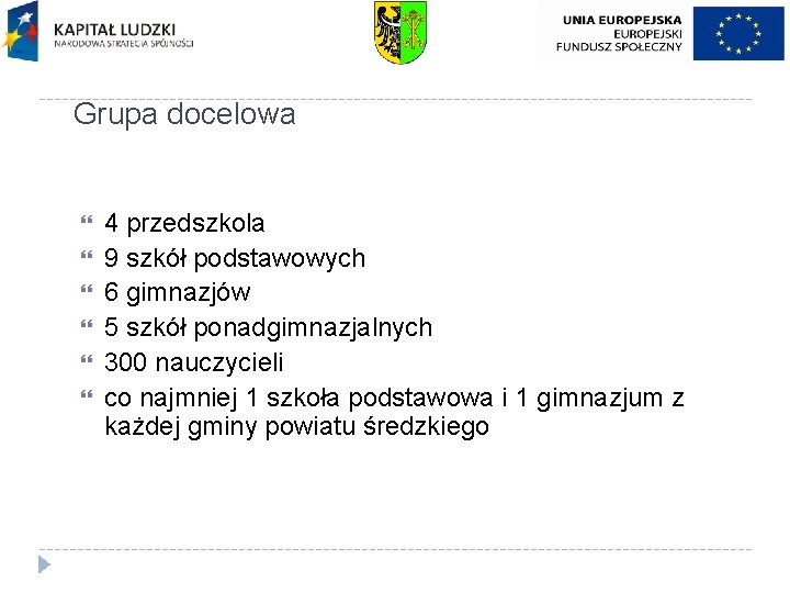 Grupa docelowa 4 przedszkola 9 szkół podstawowych 6 gimnazjów 5 szkół ponadgimnazjalnych 300 nauczycieli