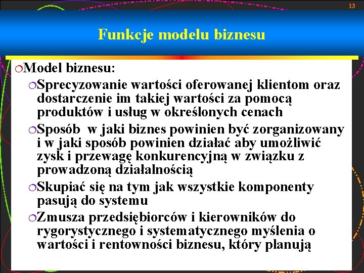 13 Funkcje modelu biznesu ¦Model biznesu: ¦Sprecyzowanie wartości oferowanej klientom oraz dostarczenie im takiej