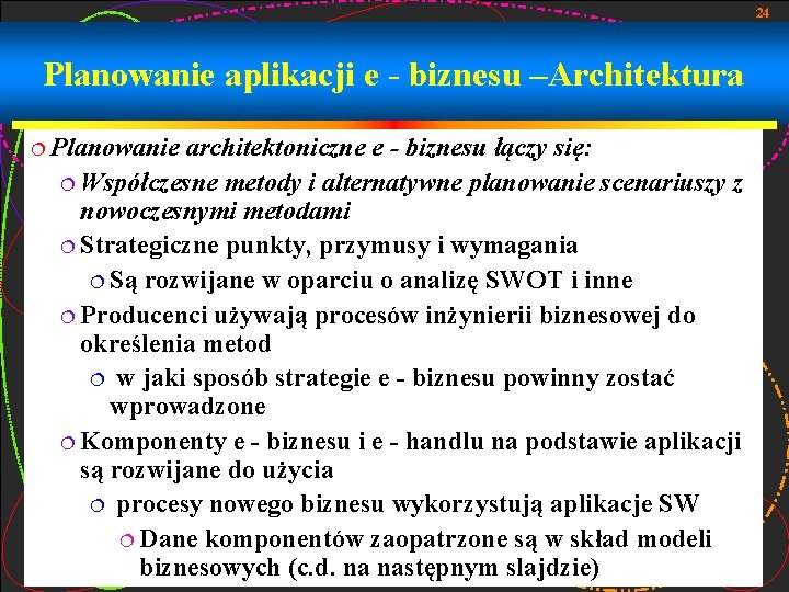 24 Planowanie aplikacji e - biznesu –Architektura ¦ Planowanie architektoniczne e - biznesu łączy