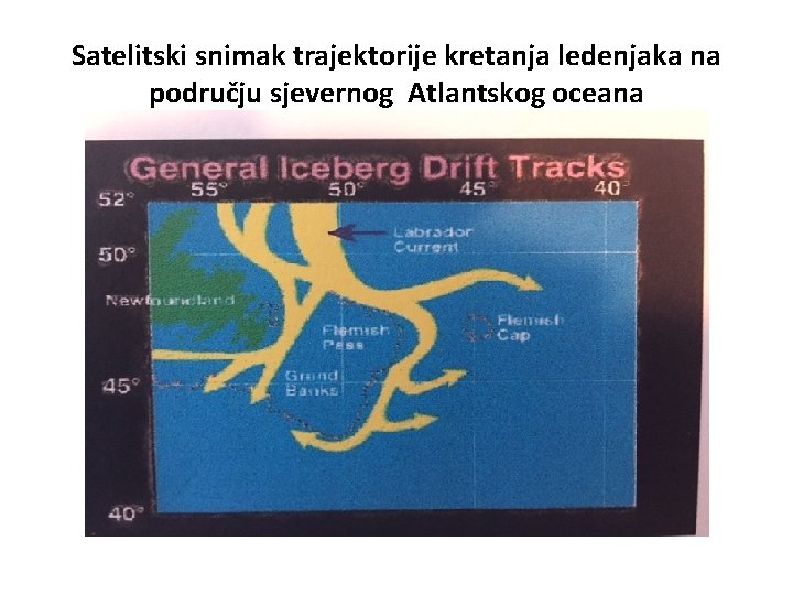 Satelitski snimak trajektorije kretanja ledenjaka na području sjevernog Atlantskog oceana 