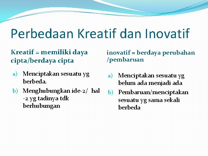 Perbedaan Kreatif dan Inovatif Kreatif = memiliki daya cipta/berdaya cipta inovatif = berdaya perubahan