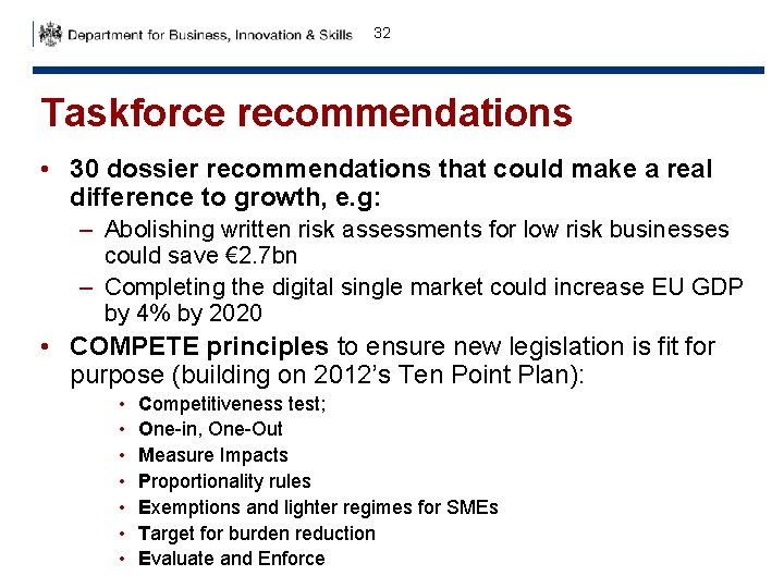 32 Taskforce recommendations • 30 dossier recommendations that could make a real difference to