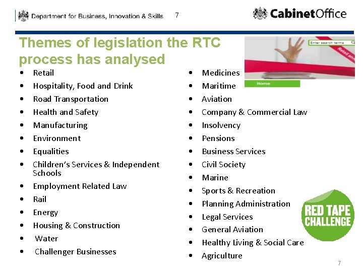 7 Themes of legislation the RTC process has analysed • • • • Retail