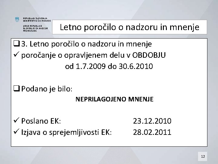 REPUBLIKA SLOVENIJA MINISTRSTVO ZA FINANCE URAD REPUBLIKE SLOVENIJE ZA NADZOR PRORAČUNA Letno poročilo o