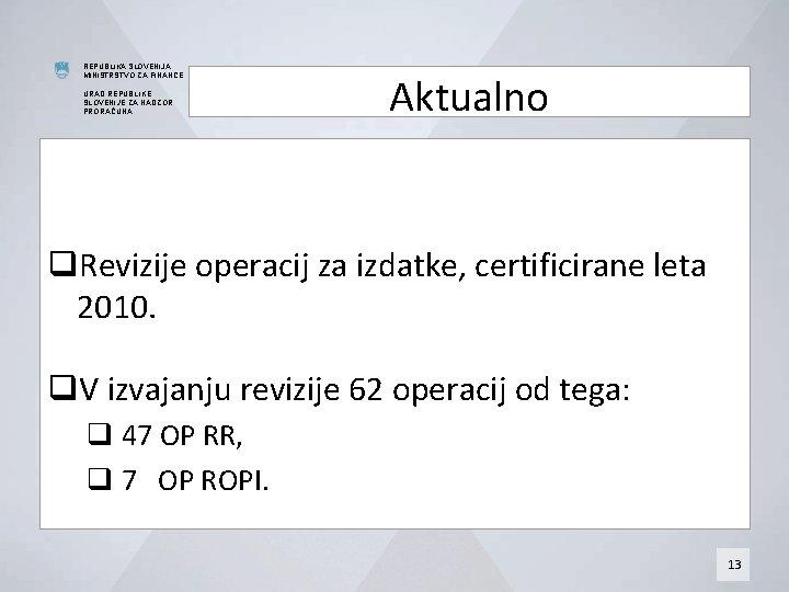 REPUBLIKA SLOVENIJA MINISTRSTVO ZA FINANCE URAD REPUBLIKE SLOVENIJE ZA NADZOR PRORAČUNA Aktualno q. Revizije