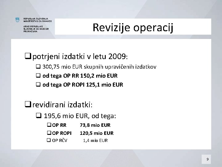 REPUBLIKA SLOVENIJA MINISTRSTVO ZA FINANCE URAD REPUBLIKE SLOVENIJE ZA NADZOR PRORAČUNA Revizije operacij qpotrjeni