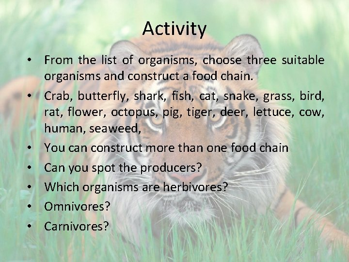 Activity • From the list of organisms, choose three suitable organisms and construct a