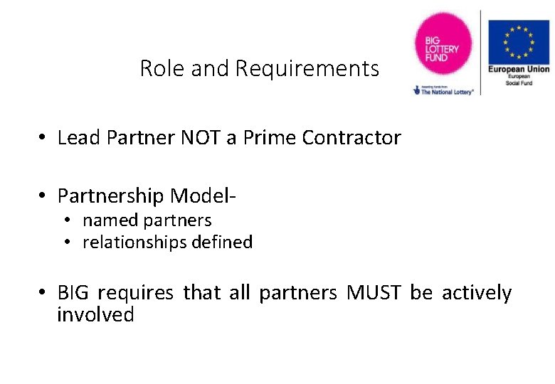 Role and Requirements • Lead Partner NOT a Prime Contractor • Partnership Model- •